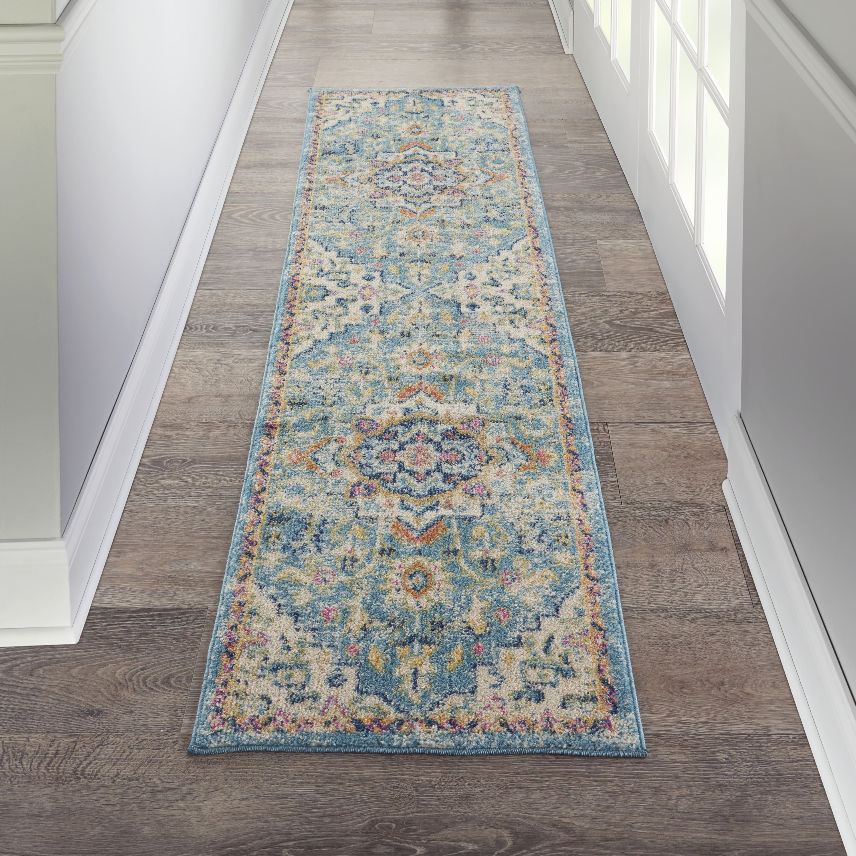 Neutral Decor & Floor Cover 2'2 x 7'6 Runner Bohemian Oriental Medallion Floral Pattern Boho Area Rug Gorgeous Persian Overdyed Powerloomed Soft Polypropylene Fiber Colorful Ivory Blue Area Rug