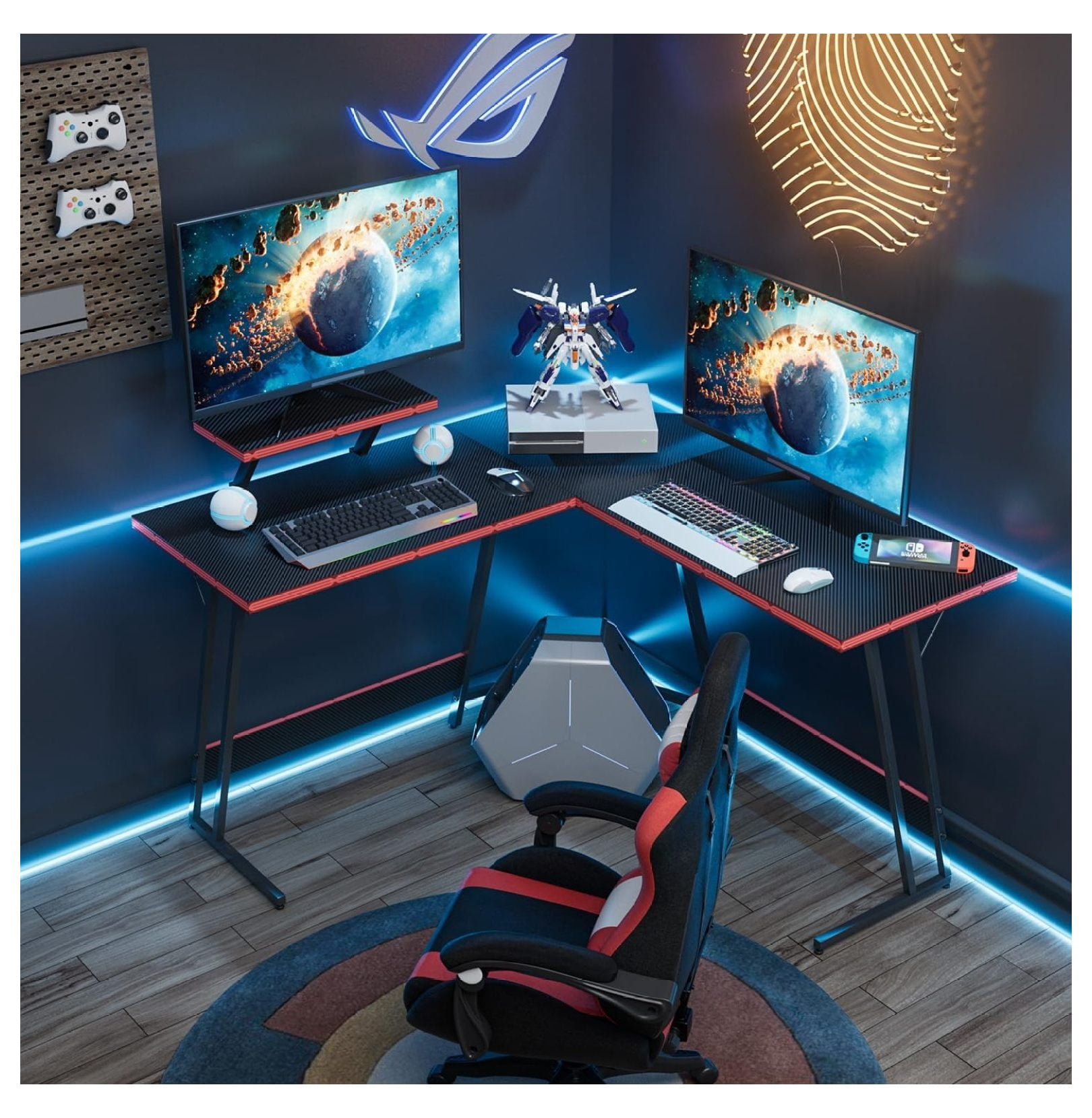 SONGMY L Shaped Gaming Desk Computer Corner PC Desk Table with Large Monitor Riser Stand for Home Office Sturdy Writing Workstation (Black, 47 Inch)