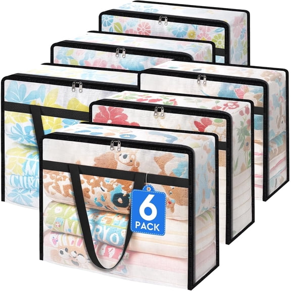 Prichor 6 Pack Clear Storage Bags for Comforter Clothes Bedding – Plastic Blanket Storage with Zipper and Handle – Moving Bags Closet Organizer Under-Bed Storage – 40L