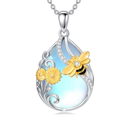 Bee Necklace for Women 925 Sterling Silver Moonstone Pendant Necklace Bee Jewelry Gifts for Women Her Mother's Day Birthday Graduation