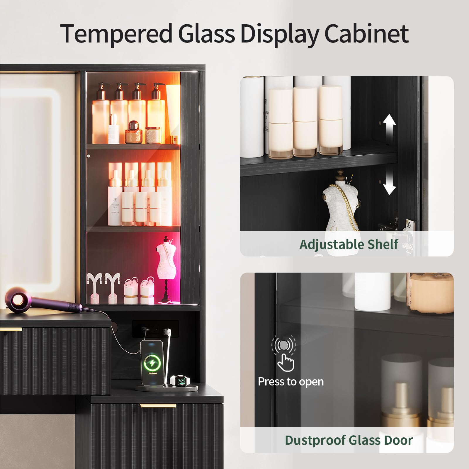 59.1" Fluted Makeup Vanity Desk with Large Mirror and Lights, 8 Drawer Vanity with Power Strip, Sound Sync LED Lights, Shelves, 2 Glass Cabinets，Modern Dressing Table for Bedroom,Black