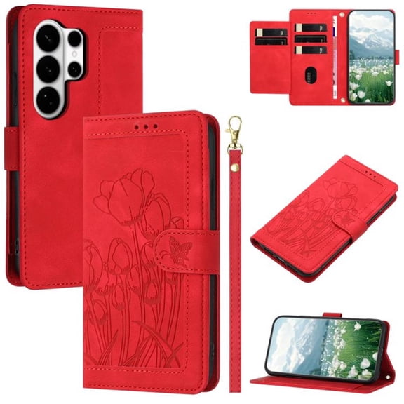 Leather For Samsung Galaxy S26 Ultra 5G Case Orchids&Butterflies Embossed 5-card Flip Wallet Leather Case With Card Holder Magnetic Closure Phone Cases Cover With Hand Strap,Red