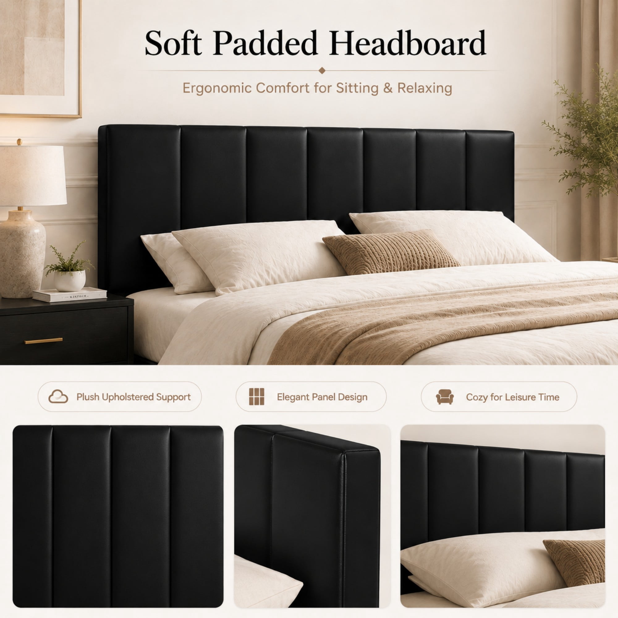 BSHTI Full Size Faux Leather Upholstered Platform Bed Frame with Adjustable Headboard, Wood Slats, No Box Spring Needed for Bedroom（Black）