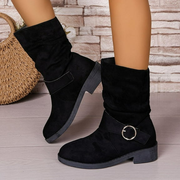 JUSLIO Boots for Women Chunky Heel Boots Fashion Casual Slip On Platform Comfort Solid Color Mid Calf Boots Womens Boots
