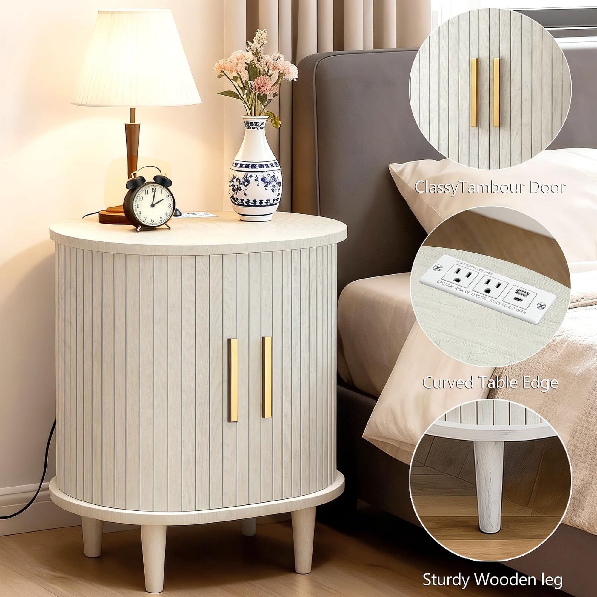 Mid Century Modern Nightstand with Charging Station, Fluted Side Table with Sliding Door & Adjustable Shelf, White