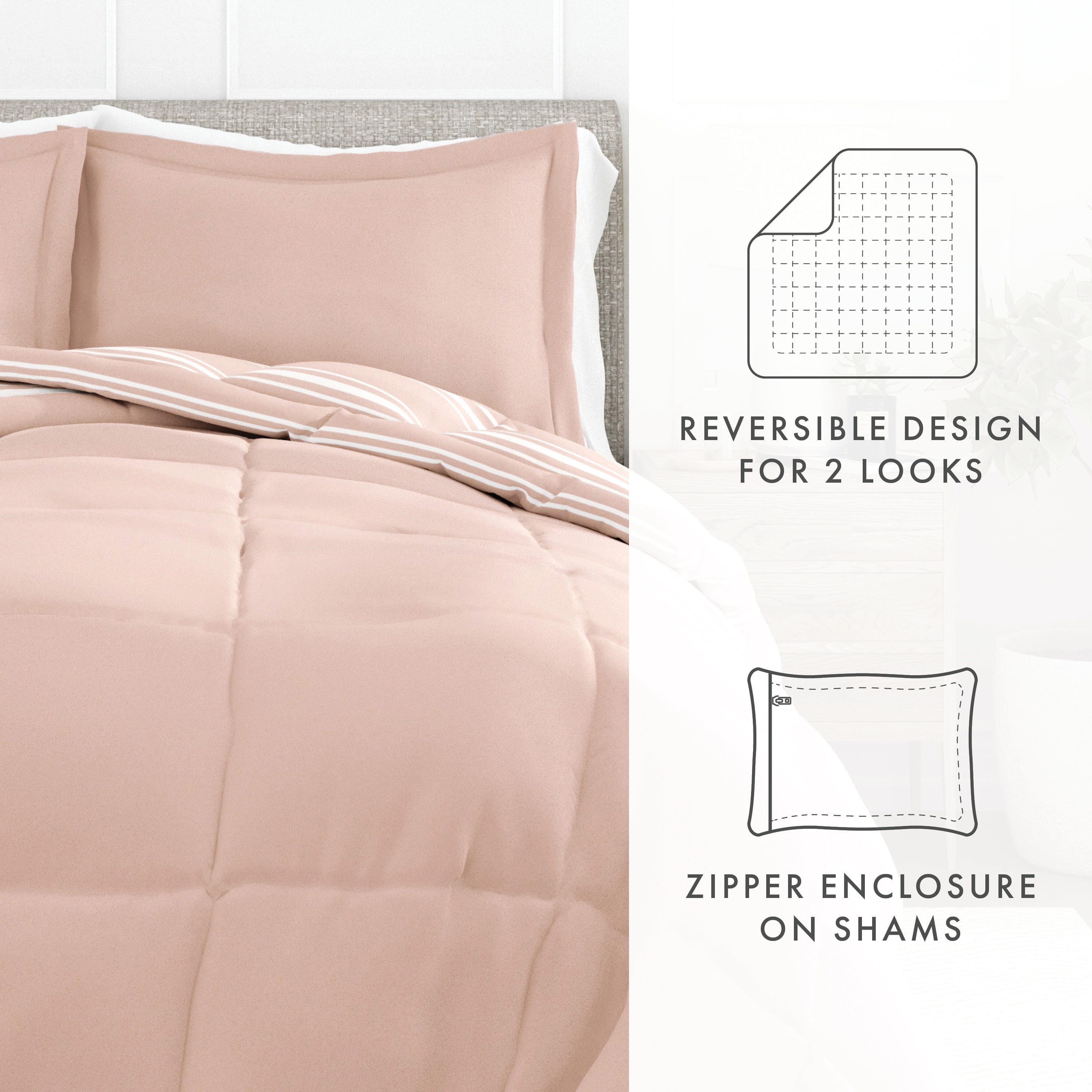 Noble Linens 3-Piece Rose Soft Stripe Reversible Print Comforter Set, King/CalKing