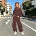 thumbnail image 2 of OSOLU Girls 2 Piece Set Solid Color Front Pocket Hoodie and Drawstring Wide Leg Pants Daily Outfit Brown, 2 of 4