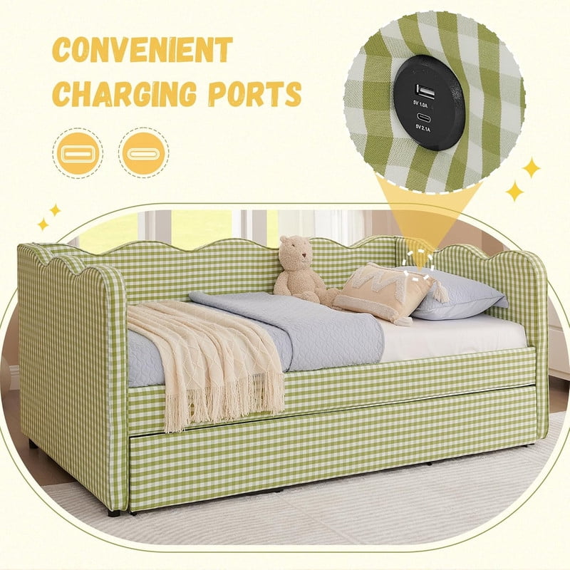 Full Size Upholstery Daybed with Trundle and USB, Full to King Design Wave Shaped Extendable Linen Sofa Bed, No Box Spring Required, for Living Room and Bedroom