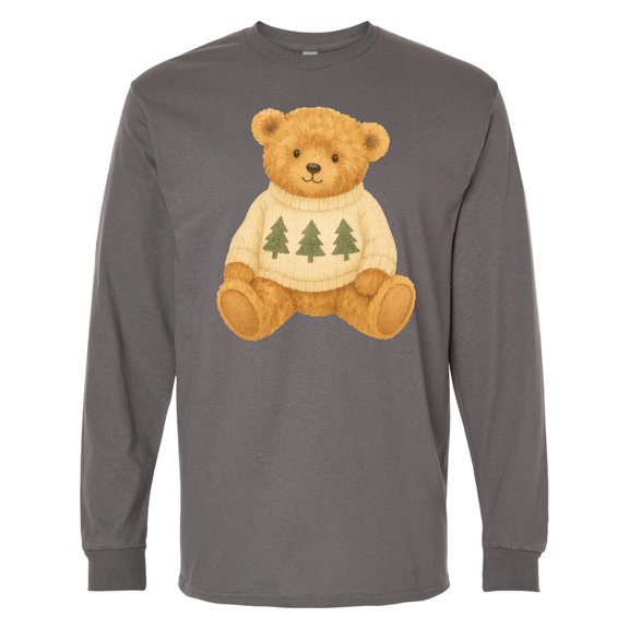 Inktastic Vintage Teddy Bear in Sweater with Christmas Trees Long Sleeve T-Shirt