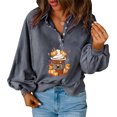 thumbnail image 2 of Moda mujer Casual sólido cuello vuelto manga larga botón suelta otoño blusa Tops Pompotops FGAJ21764, 2 of 8