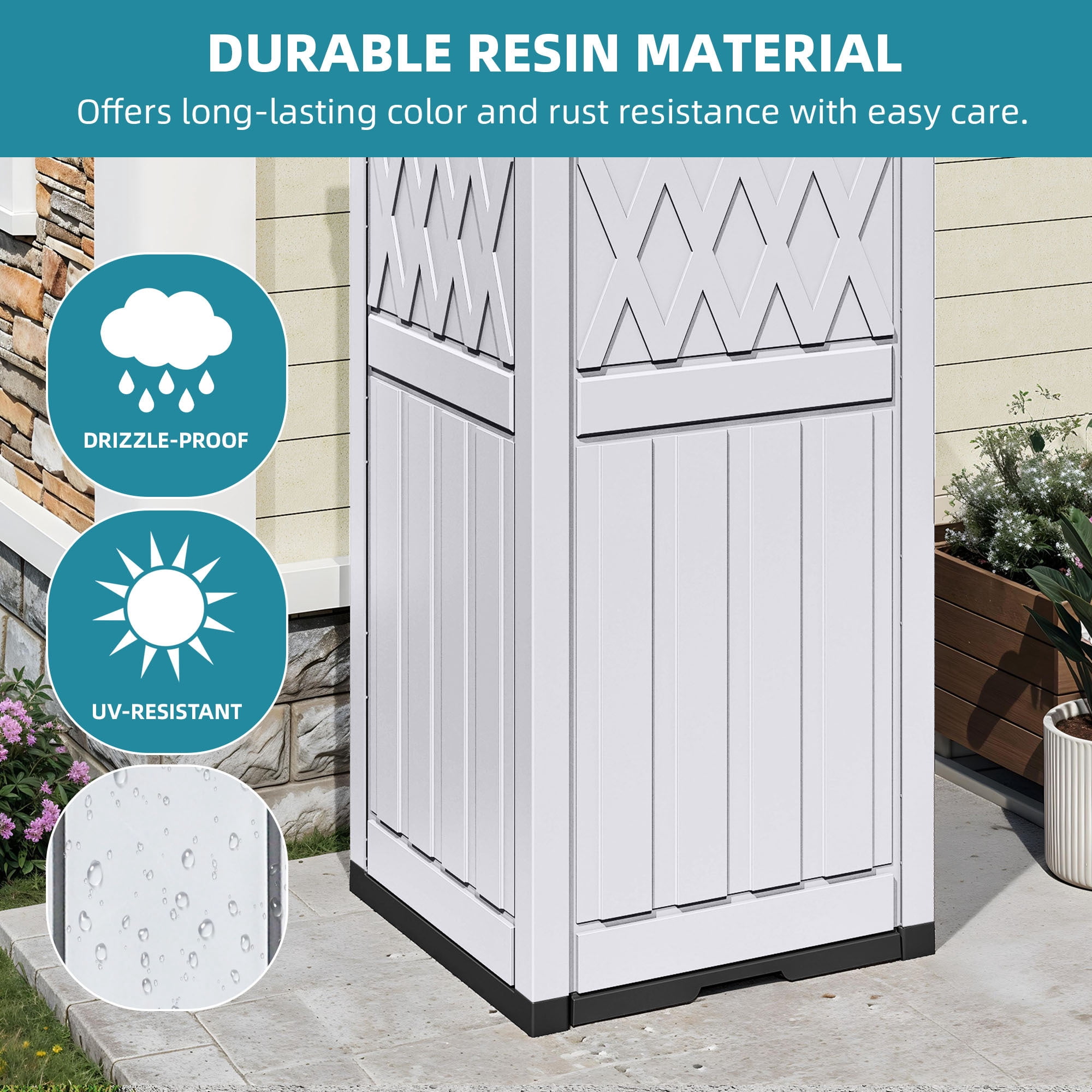 Uforic 32 Gallon Outdoor Trash Can, Waterproof Resin Garbage Bin with Lid & Drip Tray for Porch Backyard Patio, White & Black