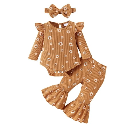 

Girl s Clothes Outfits Casual Baby Toddler Kids Sets Long Sleeve Ruffles Romper Bodysuit Floral Print Pants Headbands Comfortable Outerwear Suits Coffee 3-6 Months