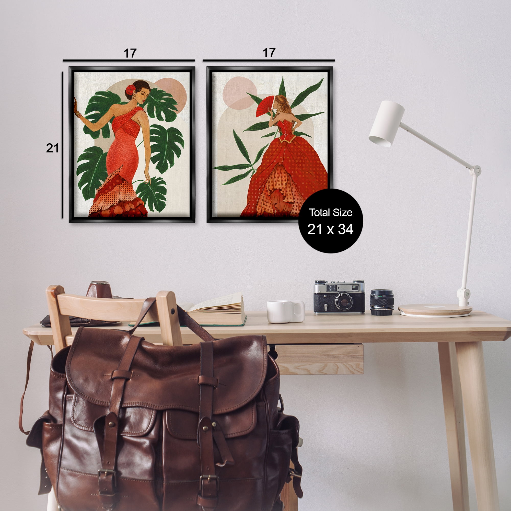 Stupell Industries Tropical Fashionistas in Red People Painting Black Floater Framed Canvas Art Print Wall Art, 17 x 21, Set of 2