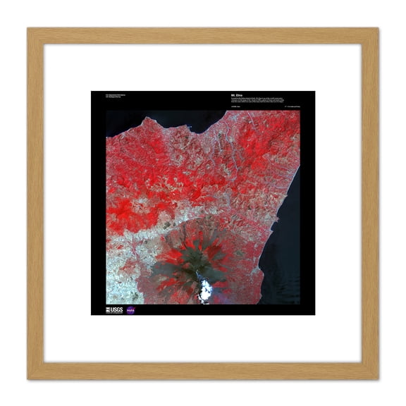 Science Map Satellite Mount Etna Volcano Sicily Replica 8X8 Inch Square Wooden Framed Wall Art Print Picture with Mount