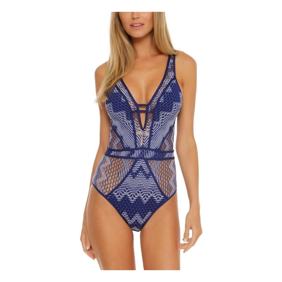 BECCA Women's Blue Printed Stretch Plunge Crochet Adjustable Tie Deep V Neck Moderate Coverage One Piece Swimsuit XS