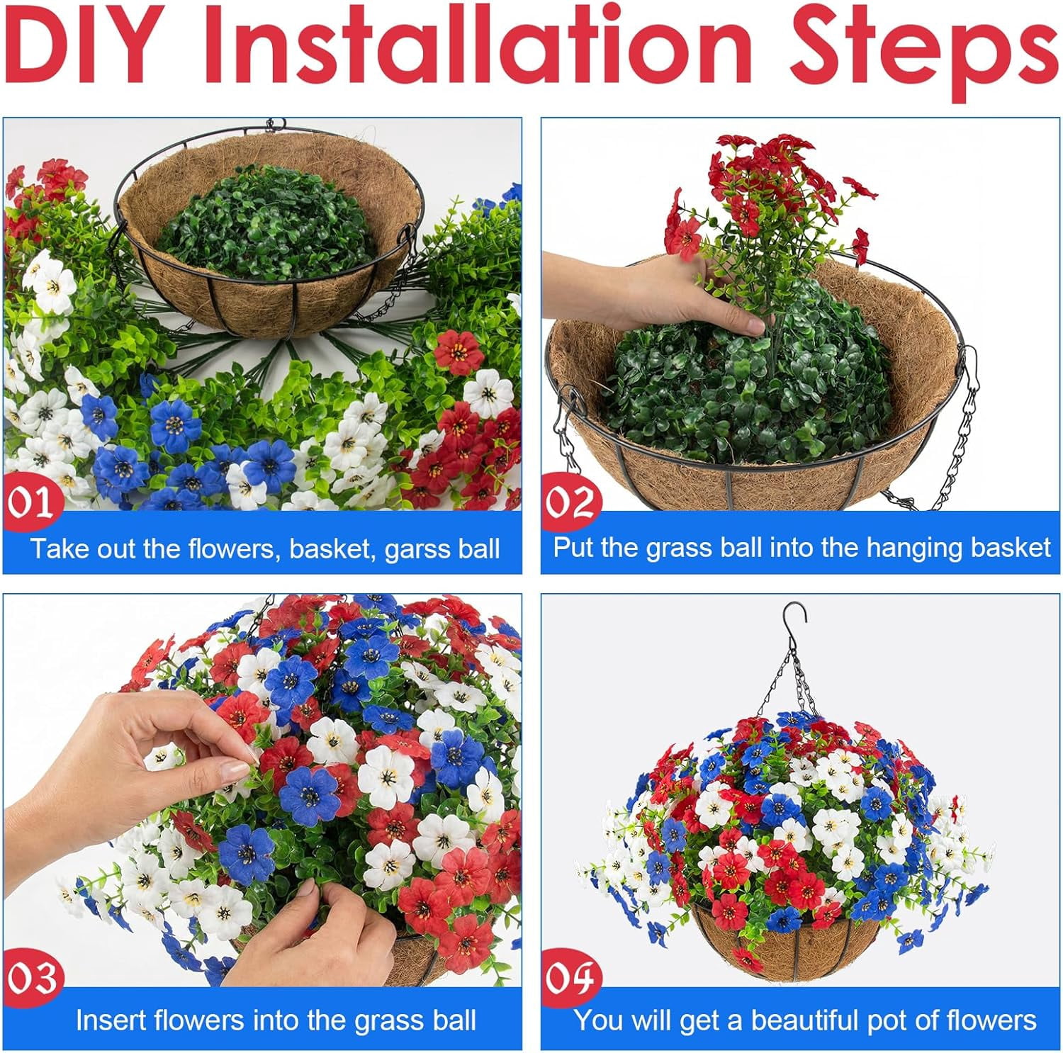 2 Sets Patriotic Artificial Hanging Flowers with Baskets, Red White Blue 4th of July Artificial Flowers, Outdoor Hanging Planter Decor for Front Porch, Patio, Garden Summer Holiday Decoration