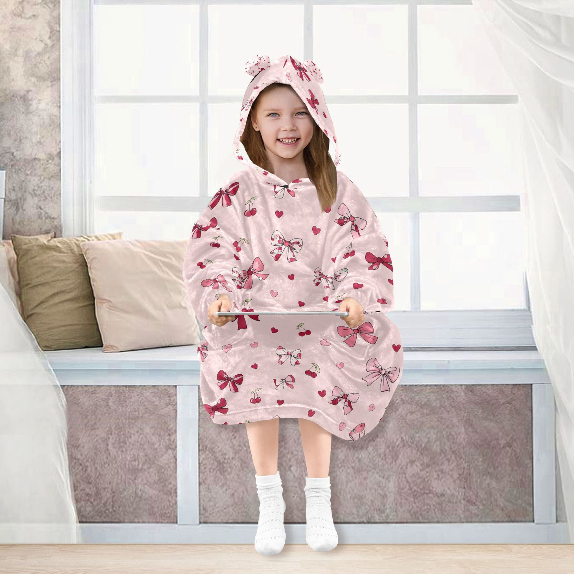 joogoo Wearable Blanket Hoodie for Bows Hearts Cherry Flannel Sherpa Pocket 3-14 YR S