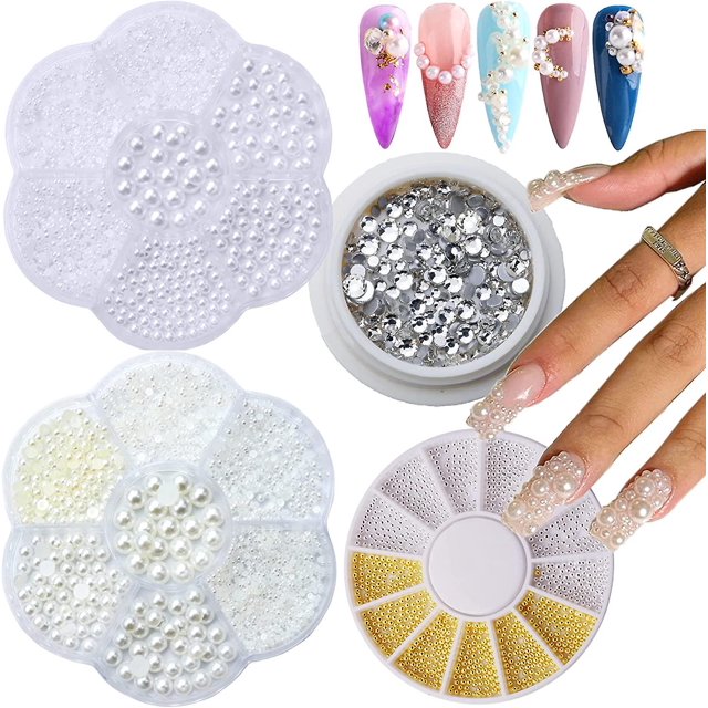4 cajas de perlas planas Nail Art Rhinestone para uñas Oro Plata Caviar Bead Stone, varios tamaños mixtos 1.5mm-6mm para mujeres Nail Art Decoración Cara
