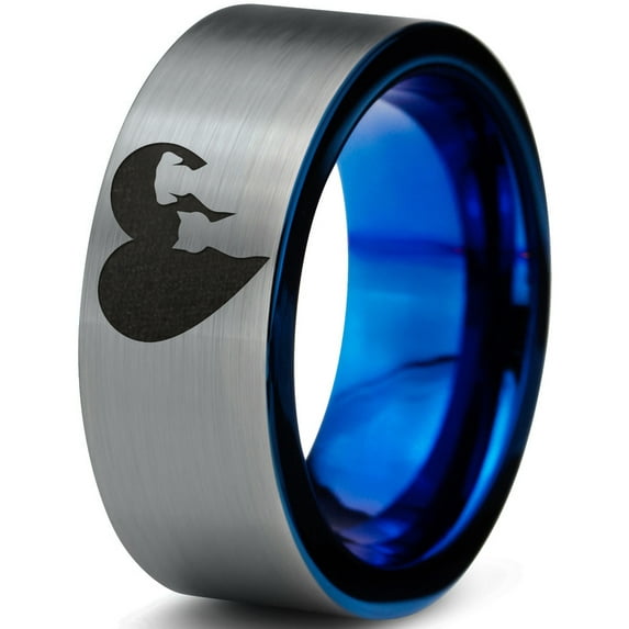 Tungsten Heart Yin Yang Dog Cat Lovers Band Ring 8mm Men Women Comfort Fit Blue Flat Cut Brushed Gray Polished