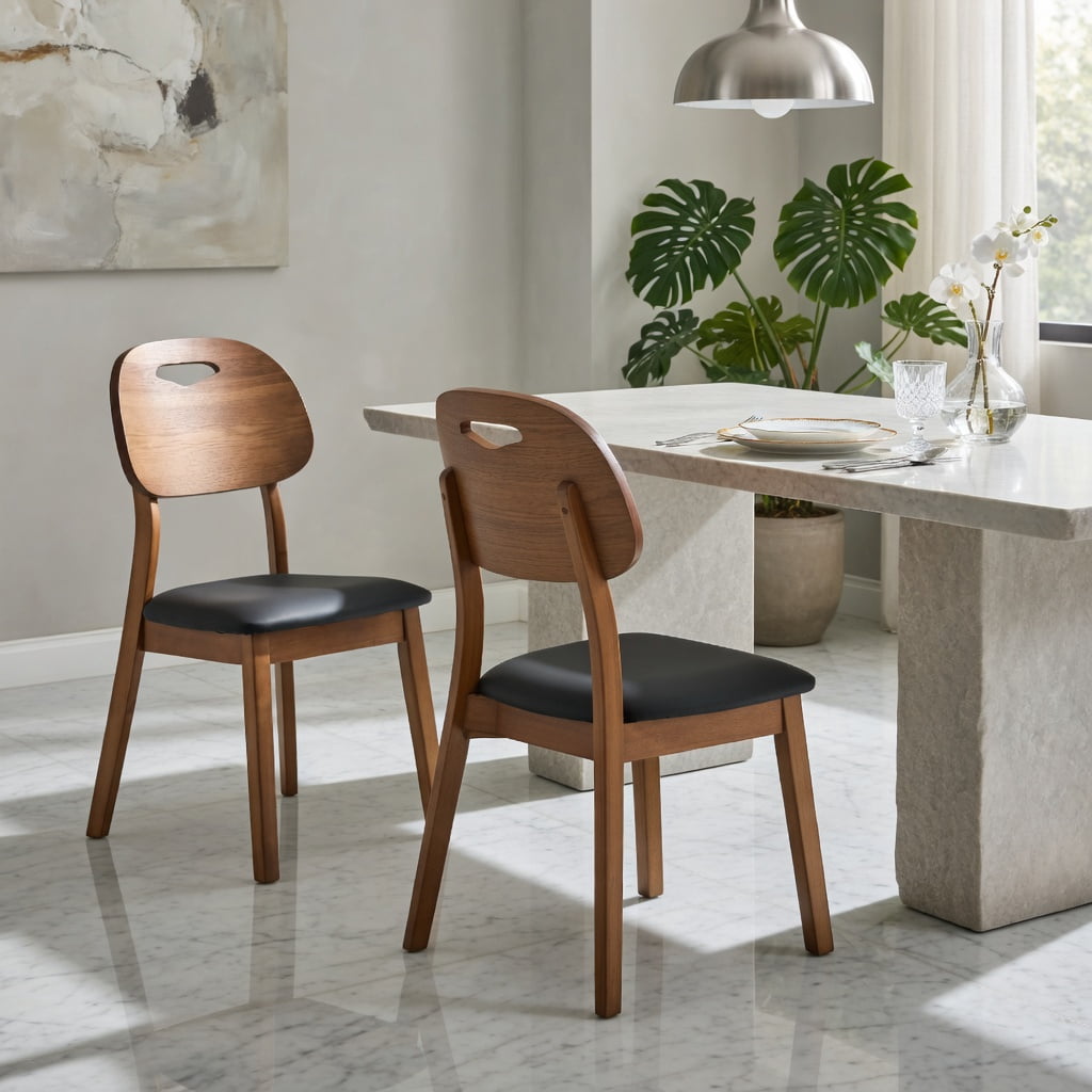 Hommoo 2-Pack Solid Wood Dining Chairs with PU Cushions, Ergonomic Hollow-Back Design, Scratch-Resistant Finish, Ideal for Dining Room, Home Office & Cafe, Black & Walnut