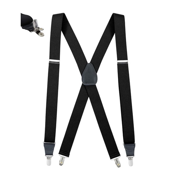 Mens Elastic No Slip "Pin Clip" x Back Suspenders With Leather Trim - Black (Available in 2 Colors)