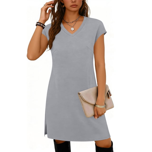 TaTaai Women's V-Neck Sleeveless Midi Dress Solid Color Loose Fit Casual Dress with Side Slit Lightweight Polyester Summer Wear Gift