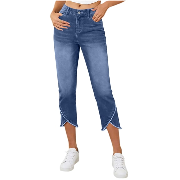 BVnarty Women's Mid-Rise Cropped Jeans, Button Fly Tulip Hem Denim Capri Pants with Back Pockets, Slim Fit for Weekend Casual Wear Blue S
