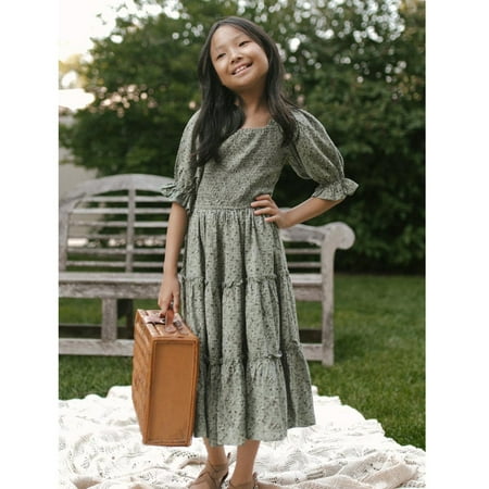 

Cathalem Little Girl Kids Baby Little Girls Summer Puff Sleeve Floral Backless Princess Dress Ruffle Girls Dresses for Kids Dress Army Green 7 Years