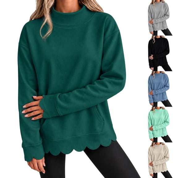 SeekLGT Women's Casual Mock Neck Sweatshirt Long Sleeve Scalloped Hem Pullover Tops with Kangaroo Pocket Cozy Loose Fit Autumn Clothes for Women Dark Green 1 Pack