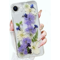 for iPhone 16e (2025) Clear Case with Pressed Real Flower, Cute Glitter Bling Flower Pattern Slim Soft TPU Shockproof Protective for Women Girls Phone Cover for iPhone 16e 6.1 inch (Purple)
