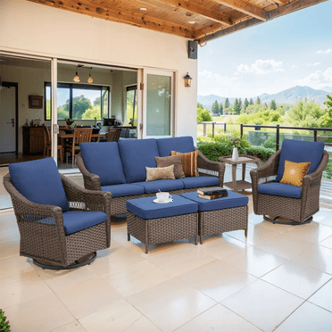 Buenhomino Patio Furniture Set, 6pcs Outdoor Conversation Set with Rattan Couch, Wicker Swivel Rocking Chairs, Ottomans, Coffee Table for Porch Backyard Garden