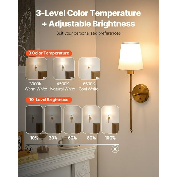 Easy Install Wireless Wall Sconces (Set of 2) with Remote - Battery Powered Indoor Wall Light