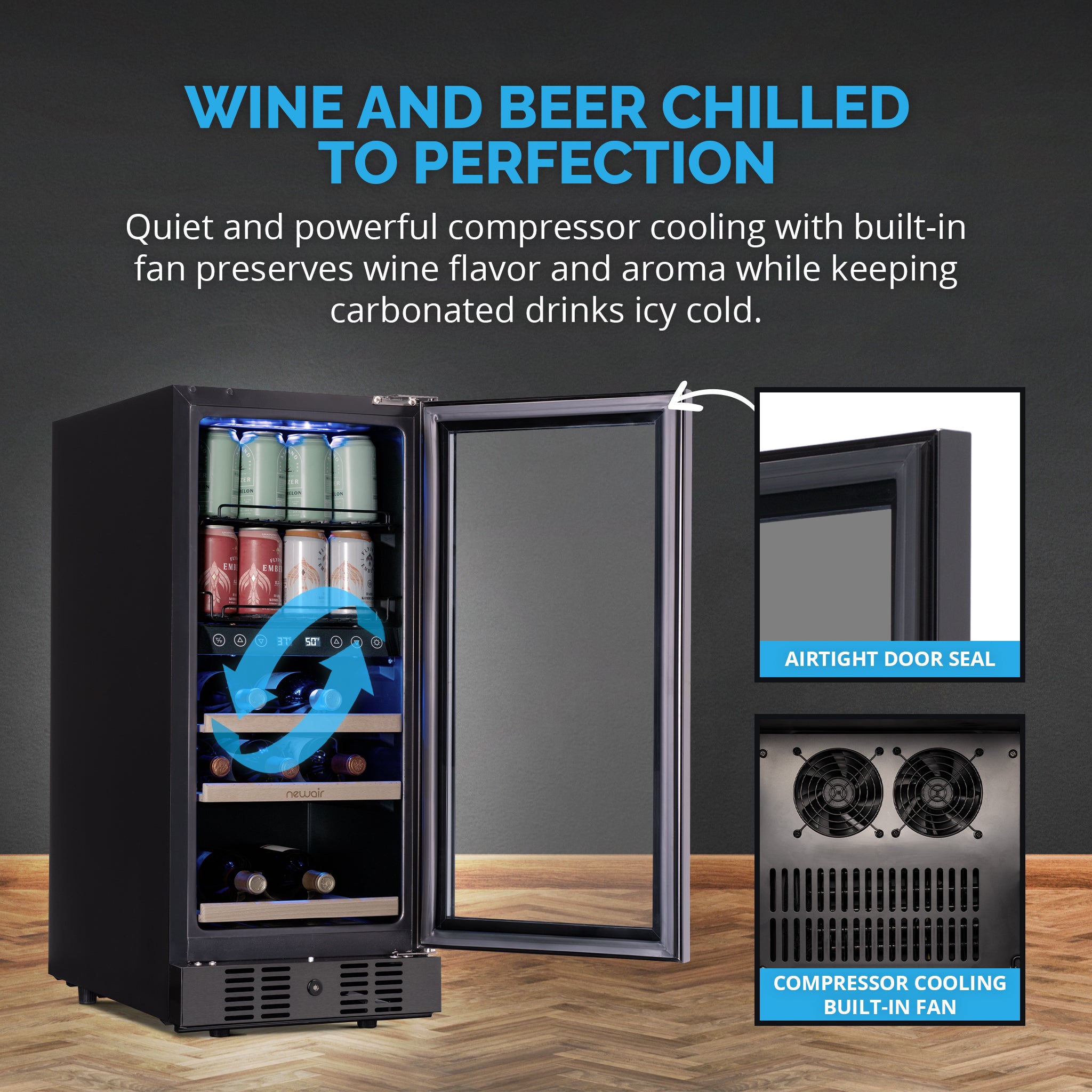 Newair 15 Inch Wine and Beverage Refrigerator - 13 Bottles & 48 Cans Capacity with Dual Temperature Zone Wine Cooler, Black Stainless Steel & Double-Layer Tempered Glass Door