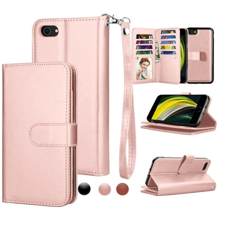 Njjex Wallet Cases for 4.7" iPhone SE 2020 / iPhone 8 / iPhone 7, Njjex [Wrist Strap] Luxury PU Leather Wallet Flip Protective Case Cover with 9 Card Slots & KickStand -Rose Gold