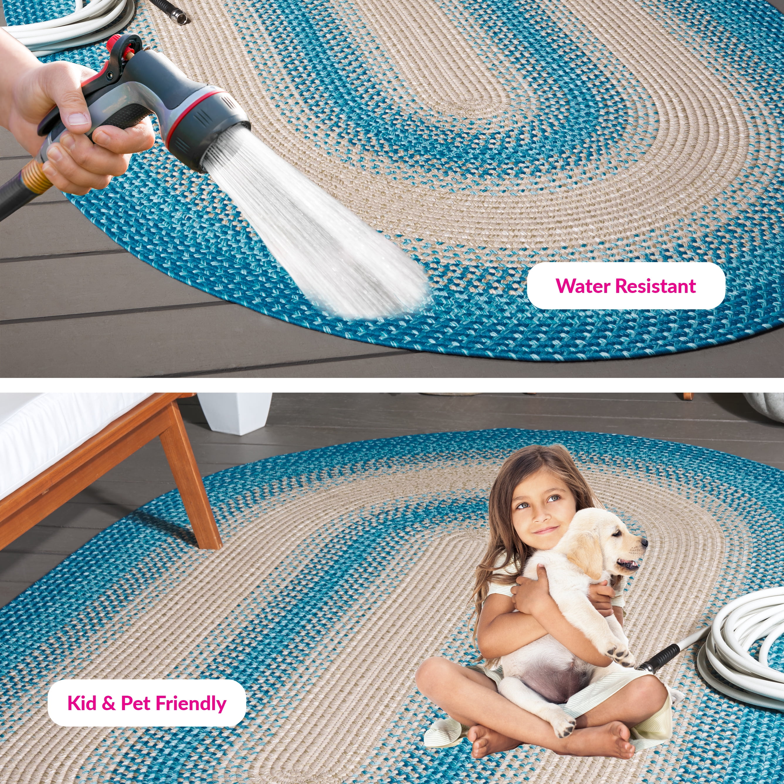SAFAVIEH Braided Neville Bordered Machine Washable Reversible Area Rug, Blue/Beige, 4' x 6' Oval