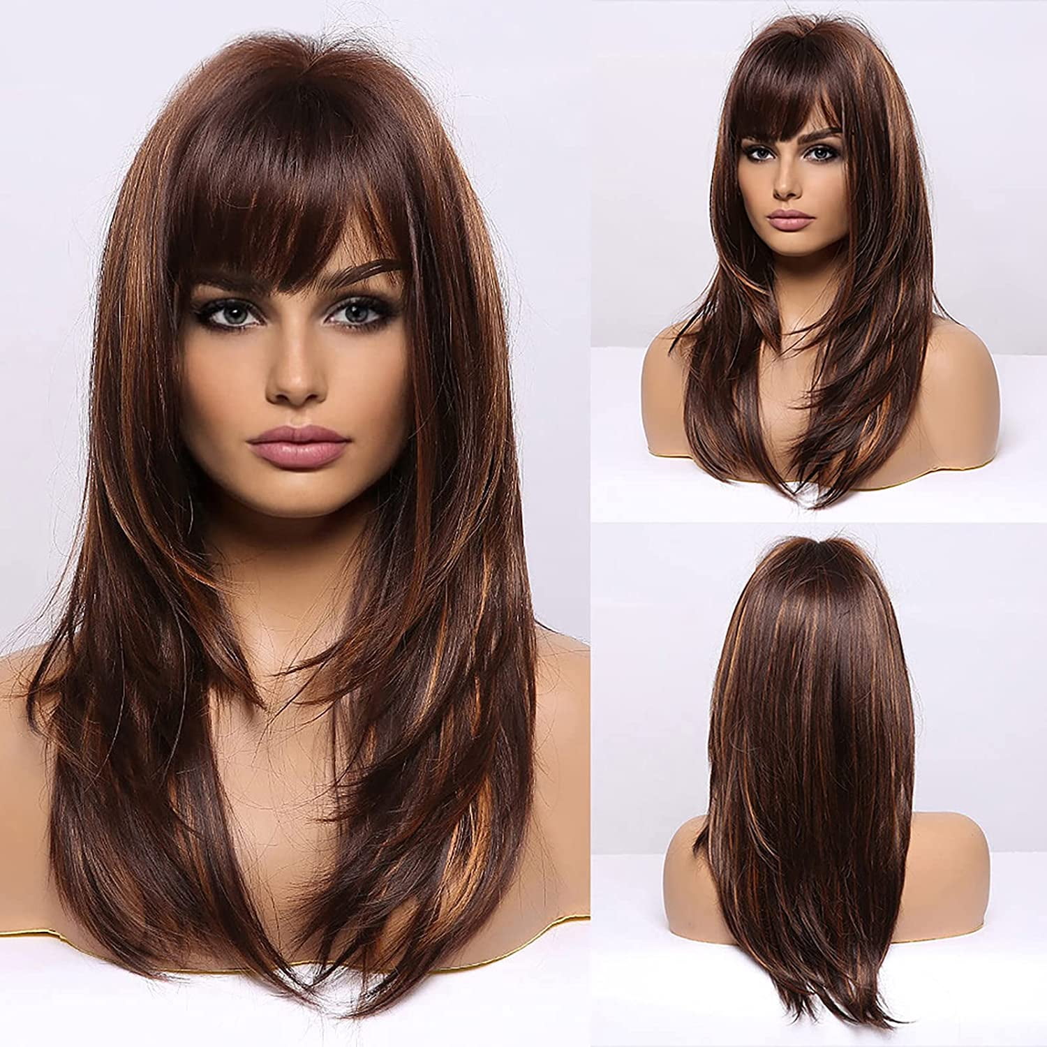 Ampm Brown Wigs For Women Highlight Color Wigs Synthetic Women s Wig With Bangs Long Straight Layered Heat Resistant Wig Natural And Realistic Feels G