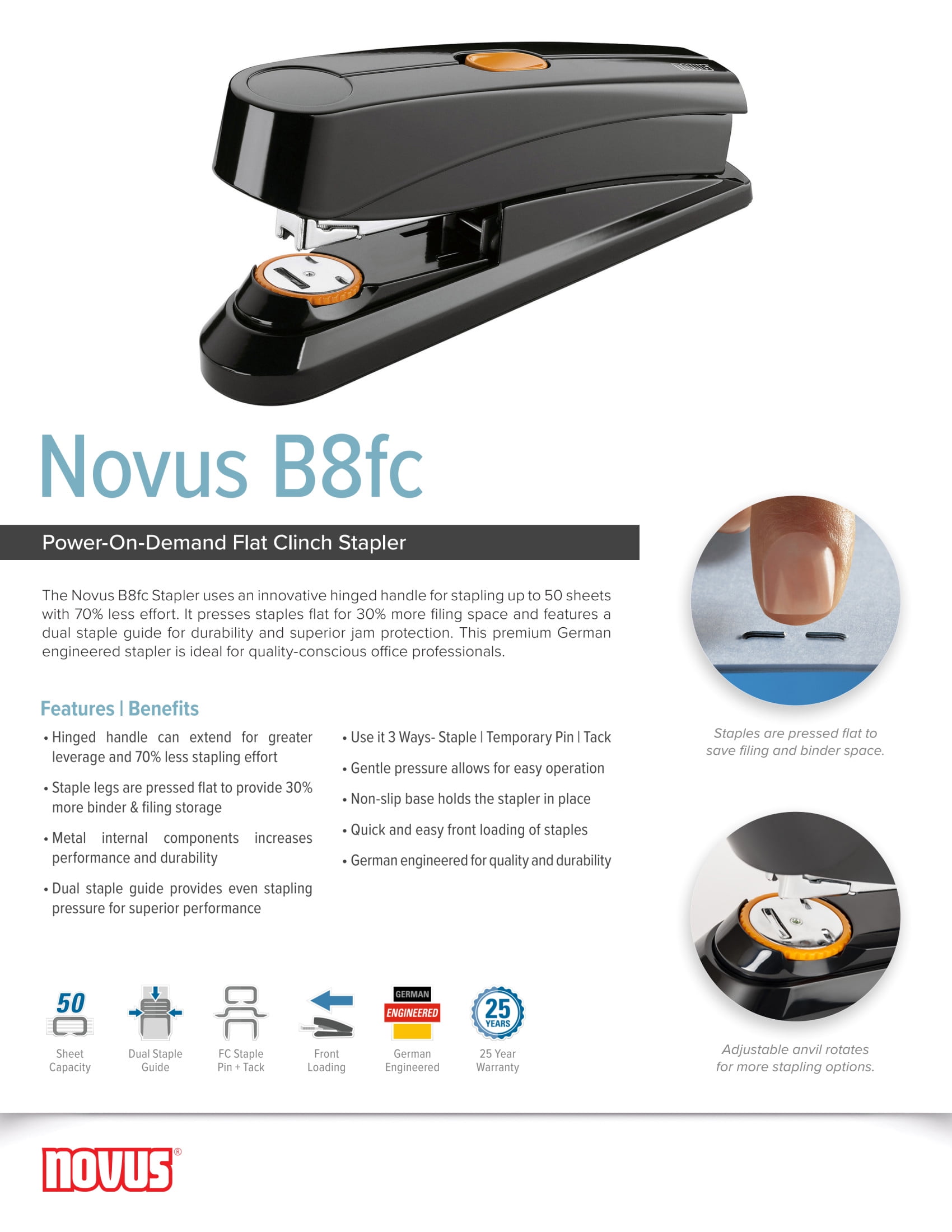 Novus B8fc Flat Clinch Stapler, 70% Less Effort, 50 Sheet Max, German Engineered, Black (020-1673)