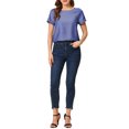 thumbnail image 2 of INSPIRE CHIC Women's Round Neck Short Raglan Sleeves Side Slit Chambray Blouse M Dark Blue, 2 of 6
