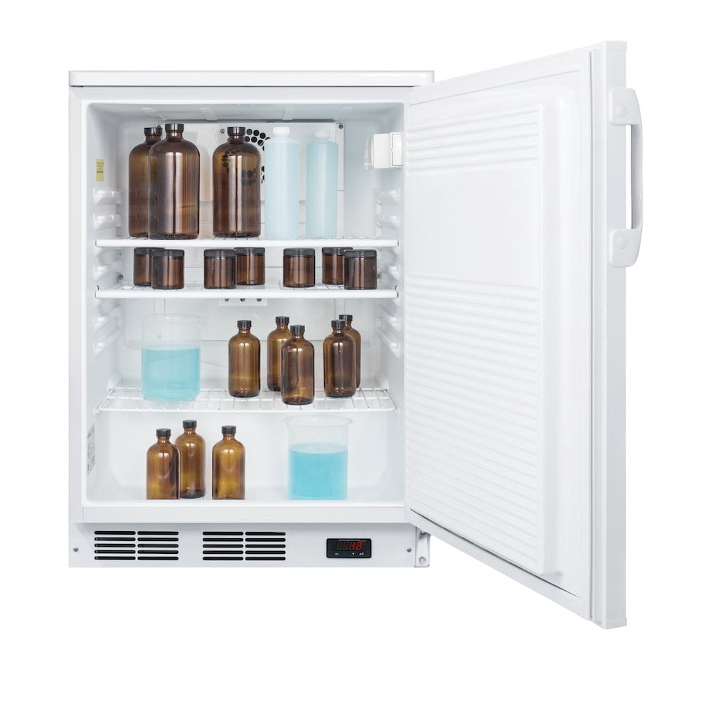 24" wide freestanding all-refrigerator in white, auto defrost with a lock, NIST calibrated thermometer, digital thermostat, and internal fan