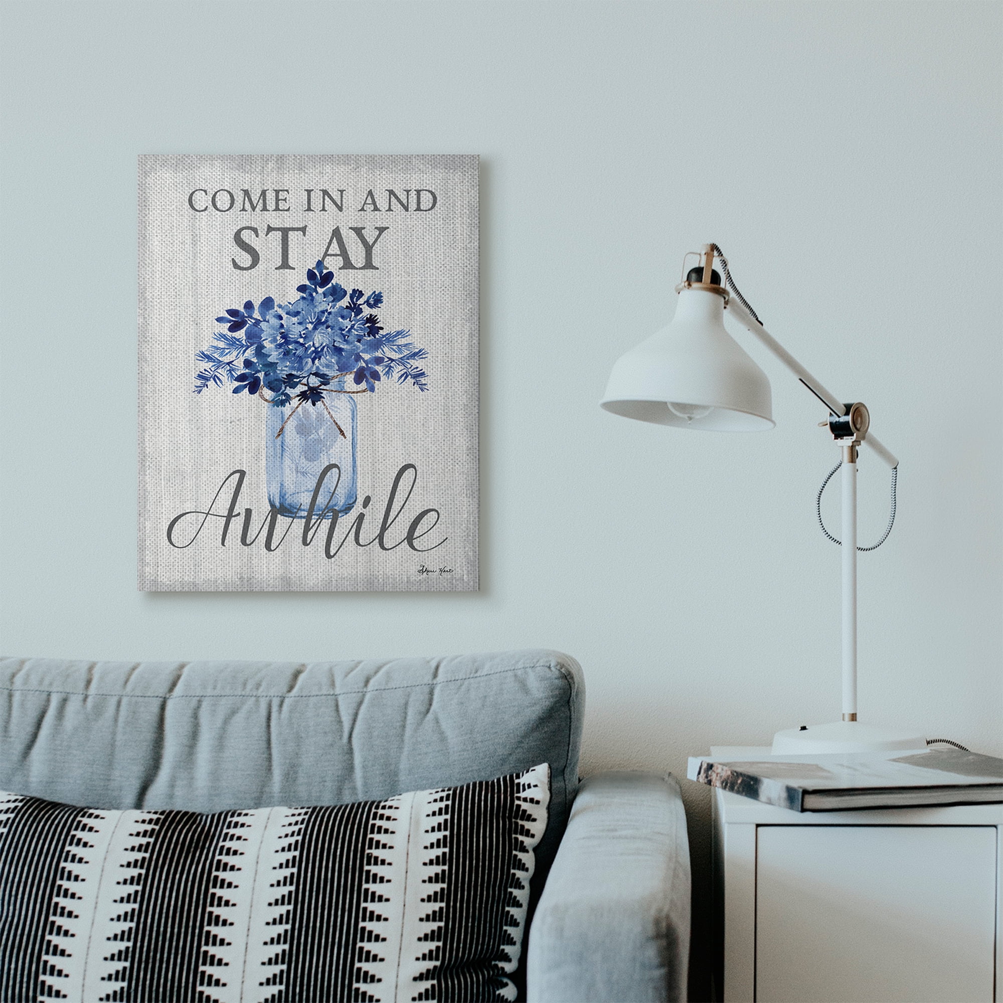 Stupell Industries Stay Awhile Blue Flower Jar Gray Word Design Canvas Wall Art by Sheri Hart, 24" x 30", Canvas