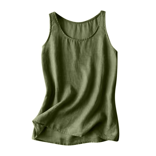ohmzyzo Débardeurs en Coton et Lin pour Femmes Été Sans Manches Col Rond Blouse Décontractée Couleur Unie Ample Basique Grande Taille