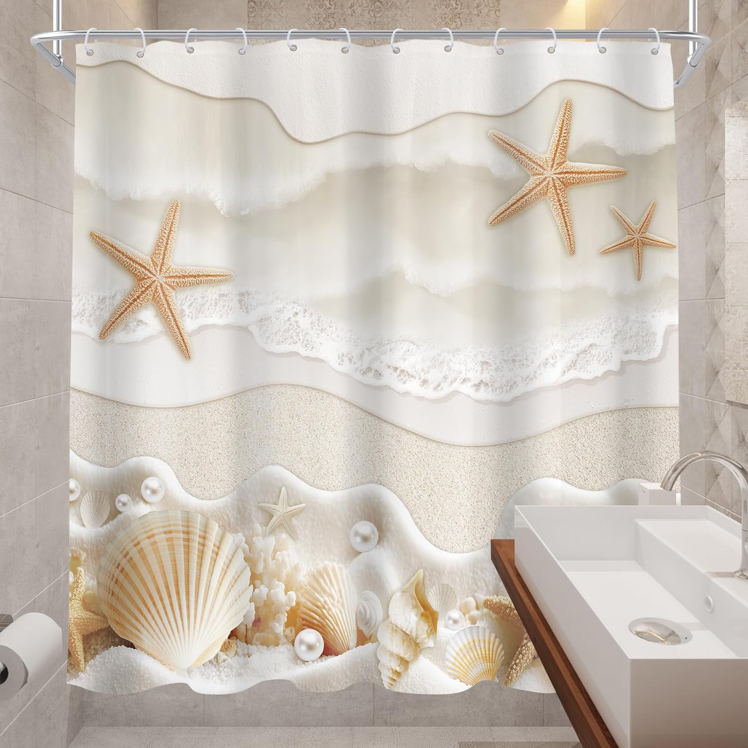 Starfish Beach Coastal Shower Curtain Beige White Ocean Seashells Conch Pearl Coral Seacoast Sand Sea Waves Bathroom Curtain Set Modern Bath Bathroom Accessories Decor-72"W x 72"L (Pack of 1)