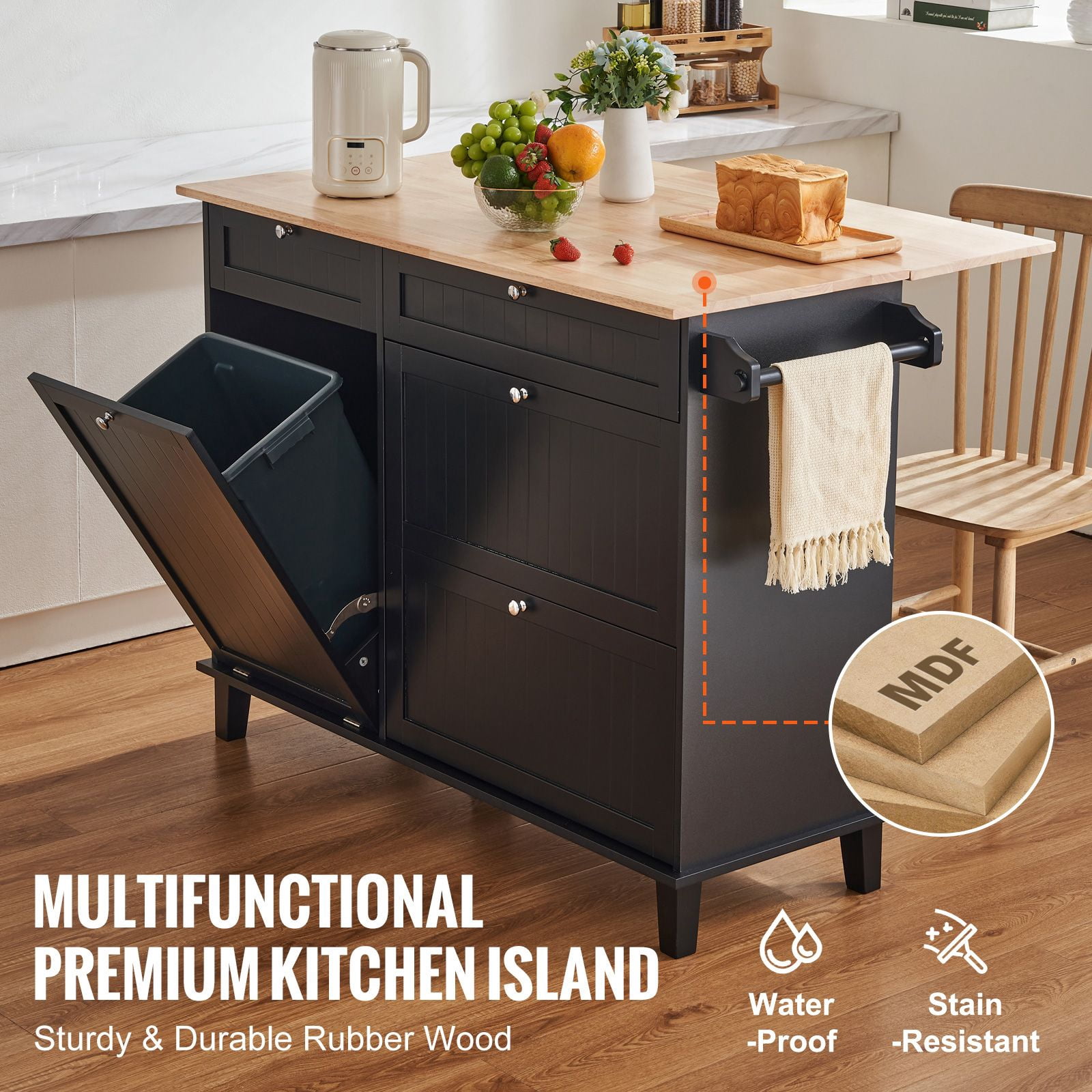 Kitchen Island Cart on Wheels with Storage Cabinet, 2 Drawers, Built-in Trash Bin Cabinet, Wood Countertop, Butcher Block Serving Cart, Mobile Workstation with Shelves