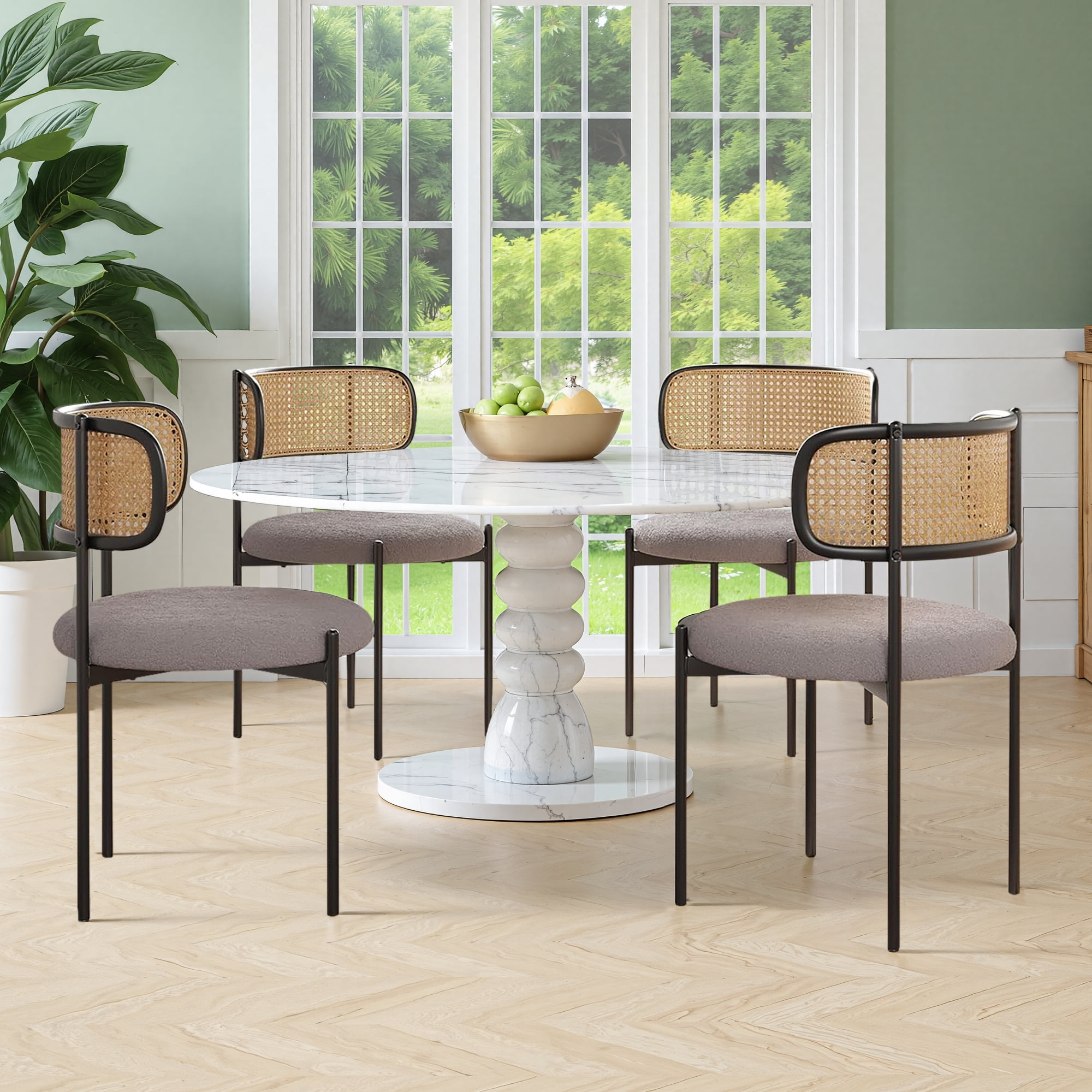 MAYEERTY 2-Pack Light Gray Modern Upholstered Dining Chairs, Rattan Back, Metal Legs, Kitchen Accent