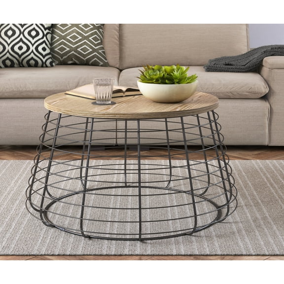 ClickDecor Morris Metal and Wood Top Round Coffee Table in Black