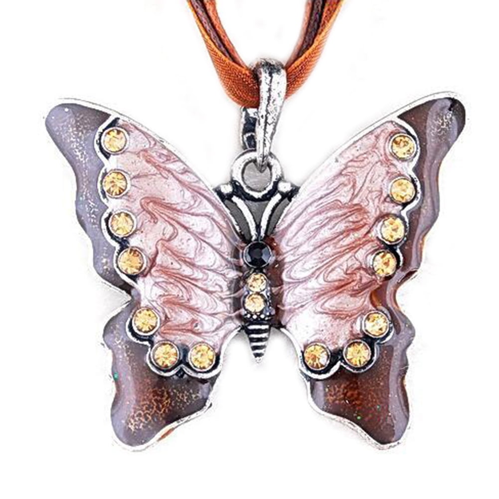 Vintage Crystal Rhinestone Enamel Butterfly Pendant Necklace Sweater Chain Gift 