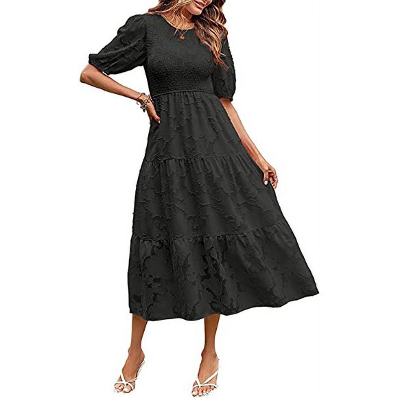 Robe d'Été 2023 pour Femmes à Manches Bouffantes, Smockée, à Fleurs, Col Ras du Cou, en Dentelle, Midi, Robes Décontractées pour Femmes