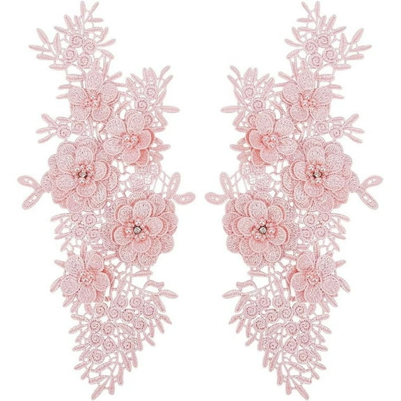 2pcs Embroidered Patches 3D Lace Applique Sew on Flower Bead Patches Embroidery Floral Beaded Lace Trim Fabric Pearl Appliques for Sewing Clothes Dress Hat Jeans Garment Decor Pink DIY