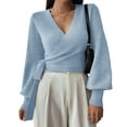 thumbnail image 2 of Women'S Casual V Neck Wrap Sweater Pullover Long Sleeve Slim Fit Knit Crop Top Sweater Light Blue S, 2 of 9