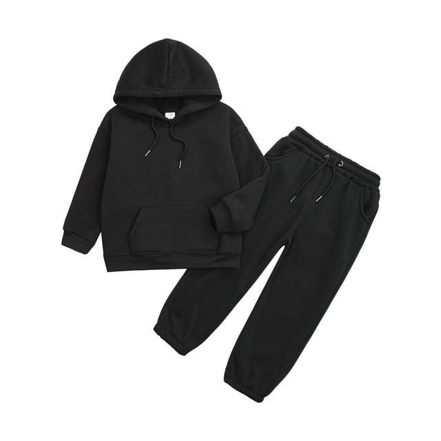 Hansber Boys Girls Athletic Sweatsuits 2Pcs Jogger Outfits Set Kids Clothes Set Pullover Tracksuit Black 130